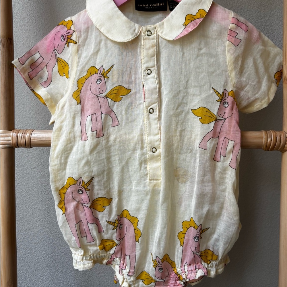 Mini Rodini Cream Romper with Pink Unicorn Accents
